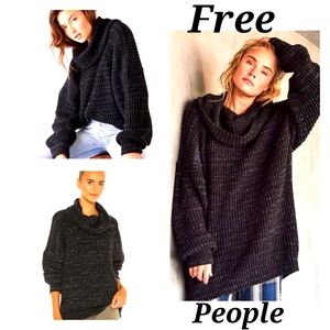 Free People Sweater Leo Tunic Black Speckled Oversized Ribbed Cowlneck